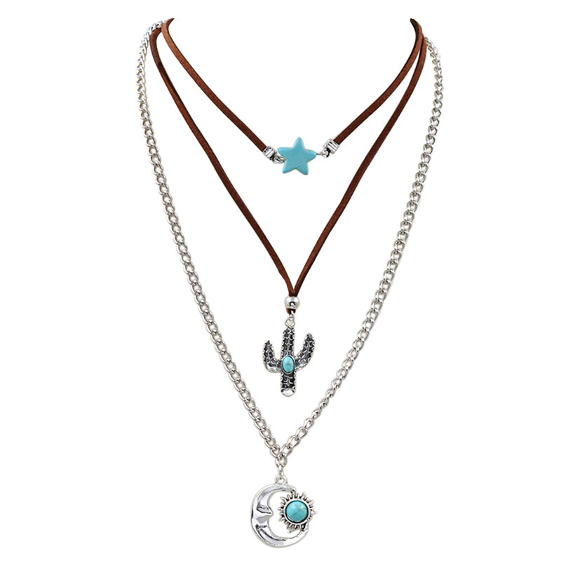 Cowgirl Chic Turquoise Blue Howlite Stone Star Charm Silver Tone Cactus And Moon Pendants On Western Style Vegan Suede Multistrand Necklace, 14"+3" Extender