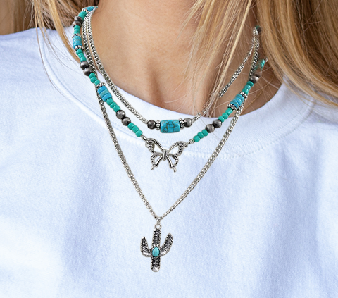 Cowgirl Chic Turquoise Blue Howlite Stone Beads On Multistrand Western Style Butterfly Charm Cactus Pendant Necklace, 14"+3" Extender