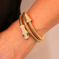 Stunning Three Dimensional Gold Tone Statement Crystal Rhinestone Encrusted Serpent Snake Statement Jewelry Pieces (Double Coil Cuff Bracelet, 6.75")