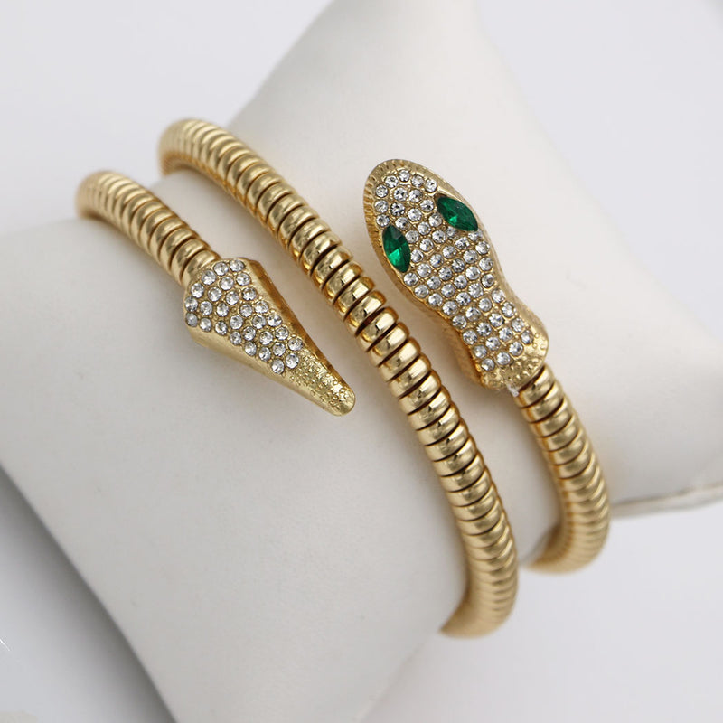 Stunning Three Dimensional Gold Tone Statement Crystal Rhinestone Encrusted Serpent Snake Statement Jewelry Pieces (Double Coil Cuff Bracelet, 6.75")