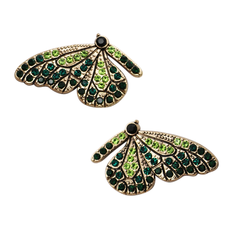 Stunning Gold Tone Butterflies With Glittering Crystal Rhinestone Wings Post Back Earrings, 1.5" (Emerald And Peridot Greens)