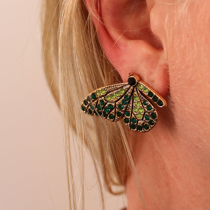 Stunning Gold Tone Butterflies With Glittering Crystal Rhinestone Wings Post Back Earrings, 1.5" (Fuchsia Light Pink And Green)