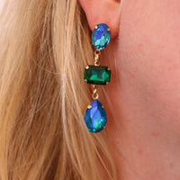 Stunning Colorful AB Crystal Rhinestone Long Drop Earrings, 2.25" (Emerald Green And Blue AB Crystal)