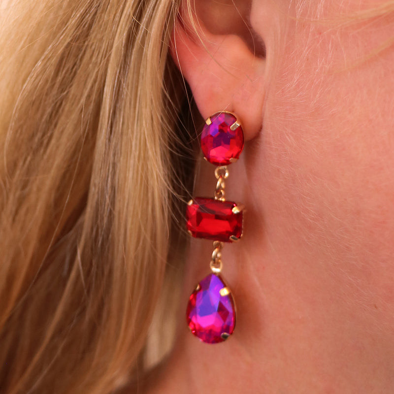 Stunning Colorful AB Crystal Rhinestone Long Drop Earrings, 2.25" (Fuchsia Pink And Red AB Crystal)