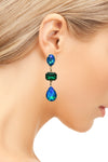 Stunning Colorful AB Crystal Rhinestone Long Drop Earrings, 2.25" (Emerald Green And Blue AB Crystal)