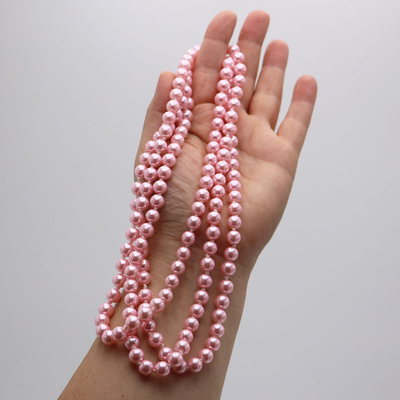 Stunning Simulated Pearl Knotted Long Endless Strand Necklace (60", Pink, 8mm)