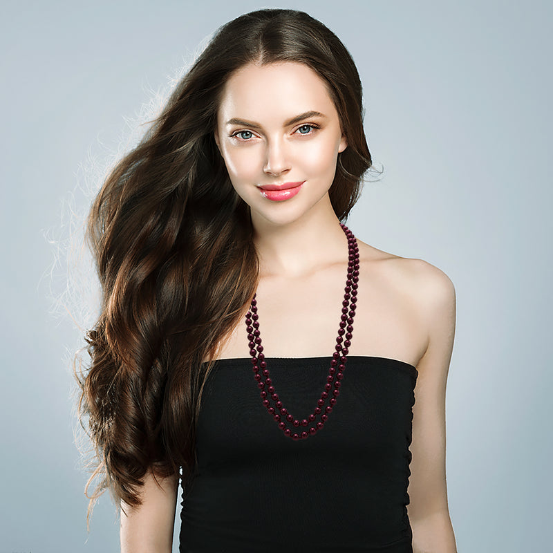 Stunning Simulated Pearl Knotted Long Endless Strand Necklace (60", Burgundy, 8mm)