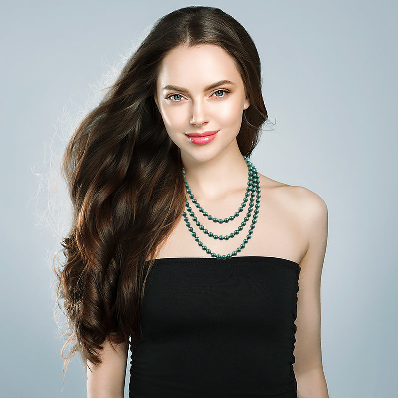 Stunning Simulated Pearl Knotted Long Endless Strand Necklace (60", Green, 8mm)