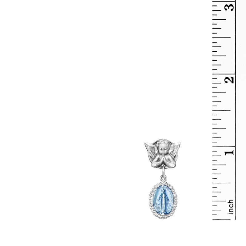 Rosemarie's Religious Gifts Sterling Silver Petite Angel Pin with Enameled Oval Miraculous Medal of Mary (Blue)