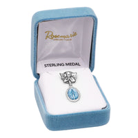 Rosemarie's Religious Gifts Sterling Silver Petite Angel Pin with Enameled Oval Miraculous Medal of Mary (Blue)