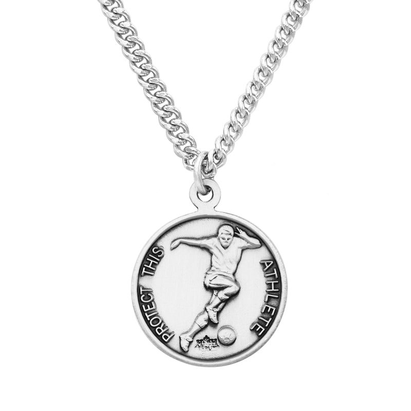 Men's Sterling Silver Saint Christopher Protect This Athlete Sports Medal Pendant Necklace, 24" Soccer