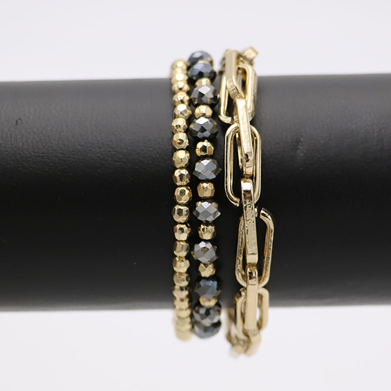 Stunning Faceted Crystal Metal Bead And Oblong Link Chain Stacking Stretch Bracelets Set of 3, 7" (Black Crystal)