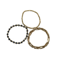 Stunning Faceted Crystal Metal Bead And Oblong Link Chain Stacking Stretch Bracelets Set of 3, 7" (Black Crystal)