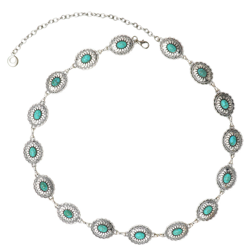 Cowgirl Chic Statement Western Burnished Silver Tone Conchos On Link Body Waist Chain Belt (Turquoise Howlite Stone Centers 34"+9" Extender)