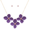 Women's Colorful Powder Coated Flower With Crystal Rhinestone Center Collar Necklace Earrings Set, 15"+3" Extender (3 Purple Flowers Light Purple Crystal)