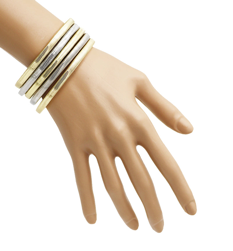 Women's Sleek And Stylish Omega Chain Coil Stretch Bracelet Set, 7.25" (Two Tone Gold Silver Set Of 5)