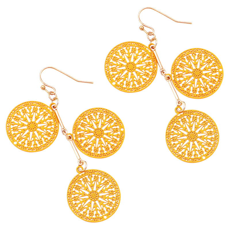 Women's Bohemian Sunshine Yellow Mandala Filigree Cutout Triple Circle Dangle Earrings, 2.62"