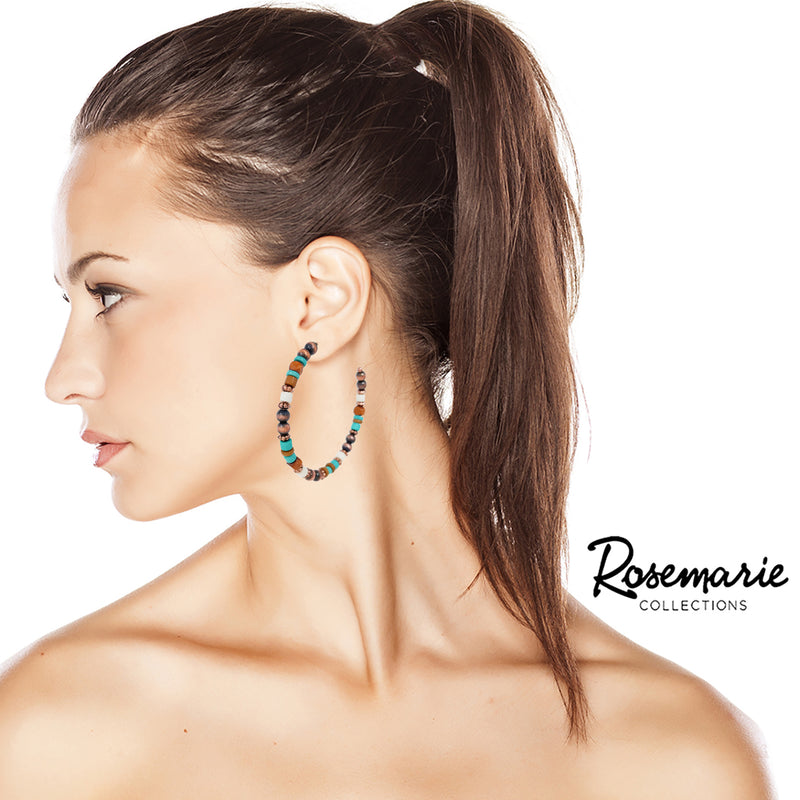 Chic Western Style Side Silhouette Metallic Pearl And Bead Hoop Earrings, 2.5" (Metallic Silver With Multicolored Beads)