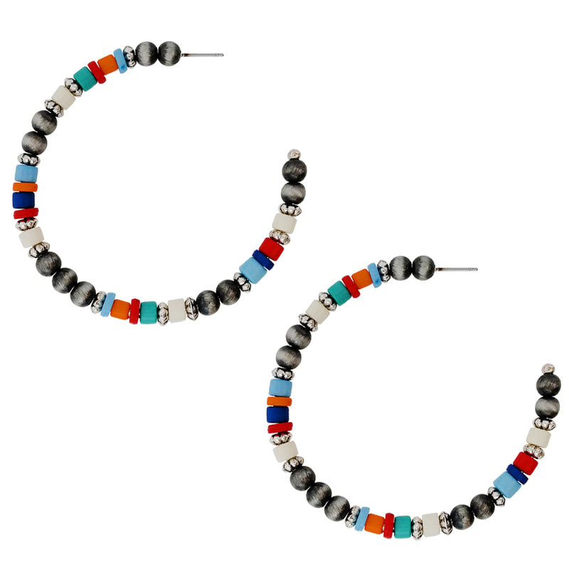 Chic Western Style Side Silhouette Metallic Pearl And Bead Hoop Earrings, 2.5" (Metallic Silver With Multicolored Beads)