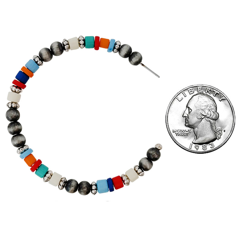 Chic Western Style Side Silhouette Metallic Pearl And Bead Hoop Earrings, 2.5" (Metallic Silver With Multicolored Beads)