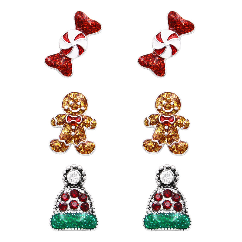 Wintertime Set of 3 Decorative Glitter Enamel And Crystal Rhinestone Christmas Holiday Stud Earrings (Set 2 - Candy, Gingerbread Man, Winter Toboggan Hats)