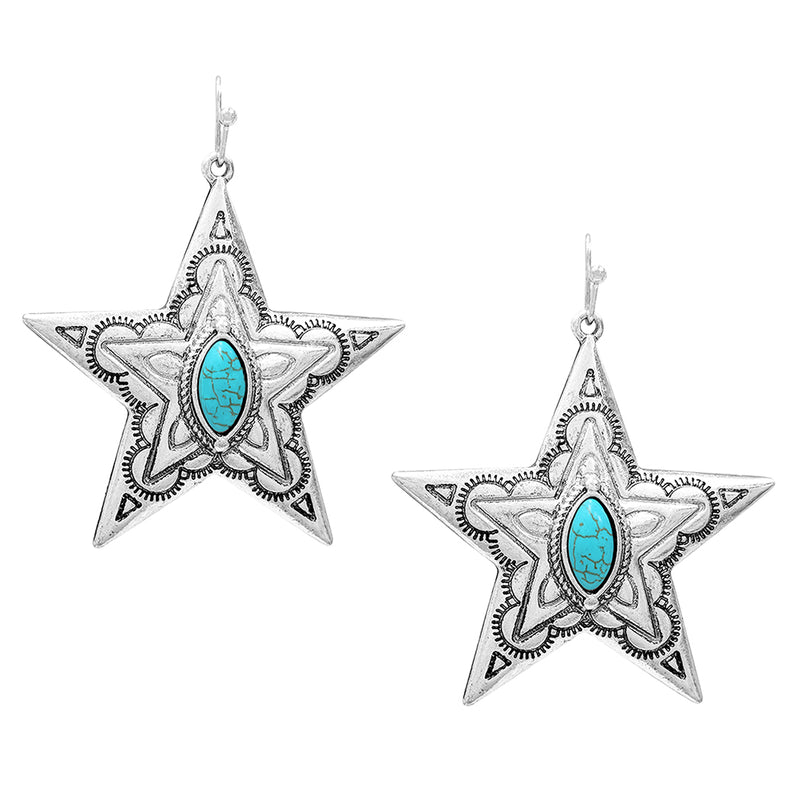 Burnished Silver Tone Western Style Star Conchos With Semi Precious Turquoise Howlite Stone Dangle Earrings, 2"