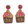 Fun And Festive Decorative Sweet Treats Holiday Celebration Seed Bead Hypoallergenic Post Back Dangle Earrings, 2.5" (Fuchsia Pink Birthday Cupcake)