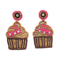 Fun And Festive Decorative Sweet Treats Holiday Celebration Seed Bead Hypoallergenic Post Back Dangle Earrings, 2.5" (Fuchsia Pink Birthday Cupcake)