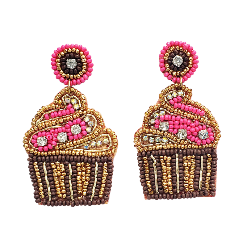 Fun And Festive Decorative Sweet Treats Holiday Celebration Seed Bead Hypoallergenic Post Back Dangle Earrings, 2.5" (Fuchsia Pink Birthday Cupcake)