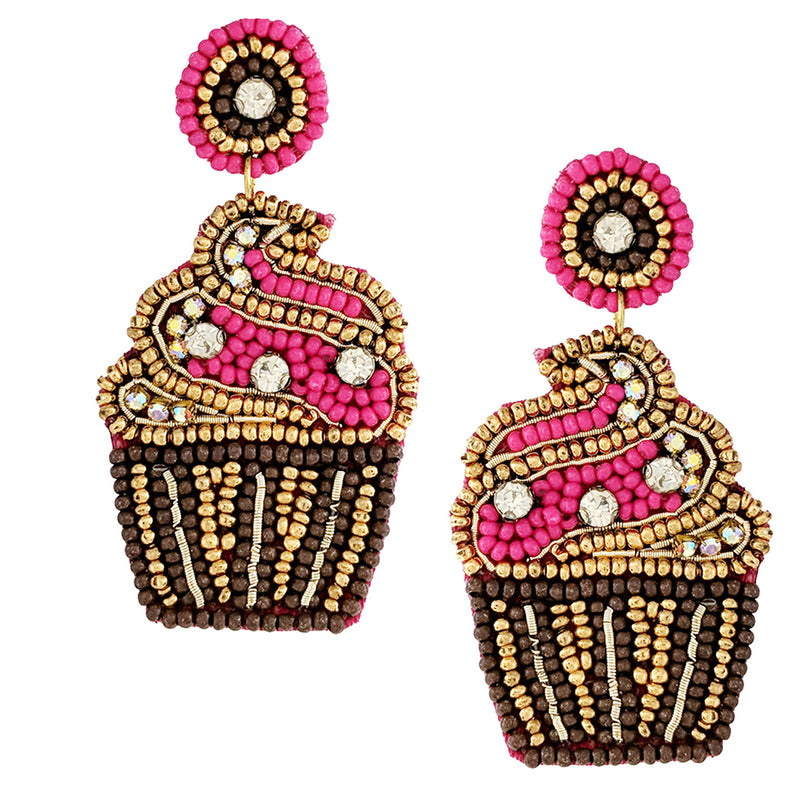 Fun And Festive Decorative Sweet Treats Holiday Celebration Seed Bead Hypoallergenic Post Back Dangle Earrings, 2.5" (Fuchsia Pink Birthday Cupcake)