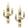 Cowgirl Glam Gold Tone Nugget With Howlite Stone Statement Western Cactus Earrings, 2.5"