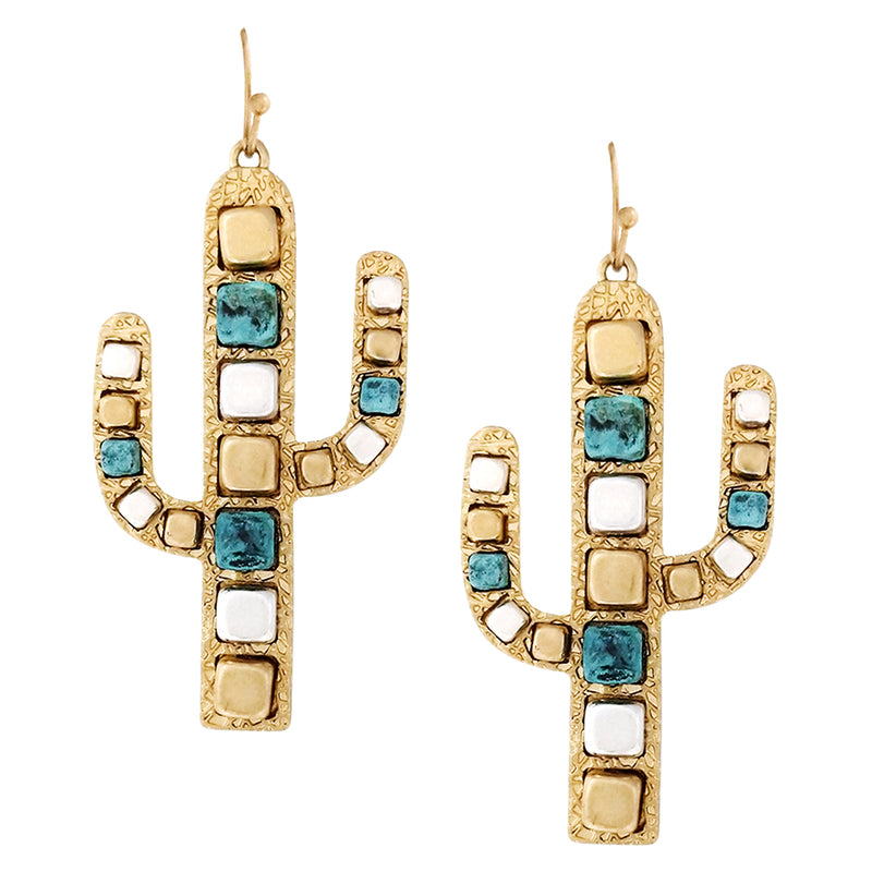 Cowgirl Glam Gold Tone Nugget With Howlite Stone Statement Western Cactus Earrings, 2.5"