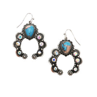 Women's Cowgirl Chic AB Crystal Rhinestones And Turquoise Blue Howlite Stone Squash Blossom Western Jewelry Pieces (Dangle Earrings, 1.75")