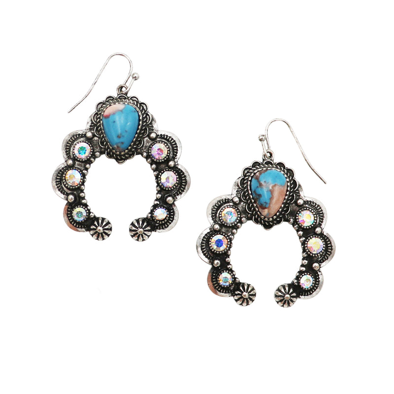 Women's Cowgirl Chic AB Crystal Rhinestones And Turquoise Blue Howlite Stone Squash Blossom Western Jewelry Pieces (Dangle Earrings, 1.75")