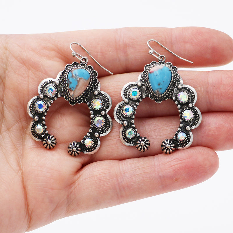 Women's Cowgirl Chic AB Crystal Rhinestones And Turquoise Blue Howlite Stone Squash Blossom Western Jewelry Pieces (Dangle Earrings, 1.75")