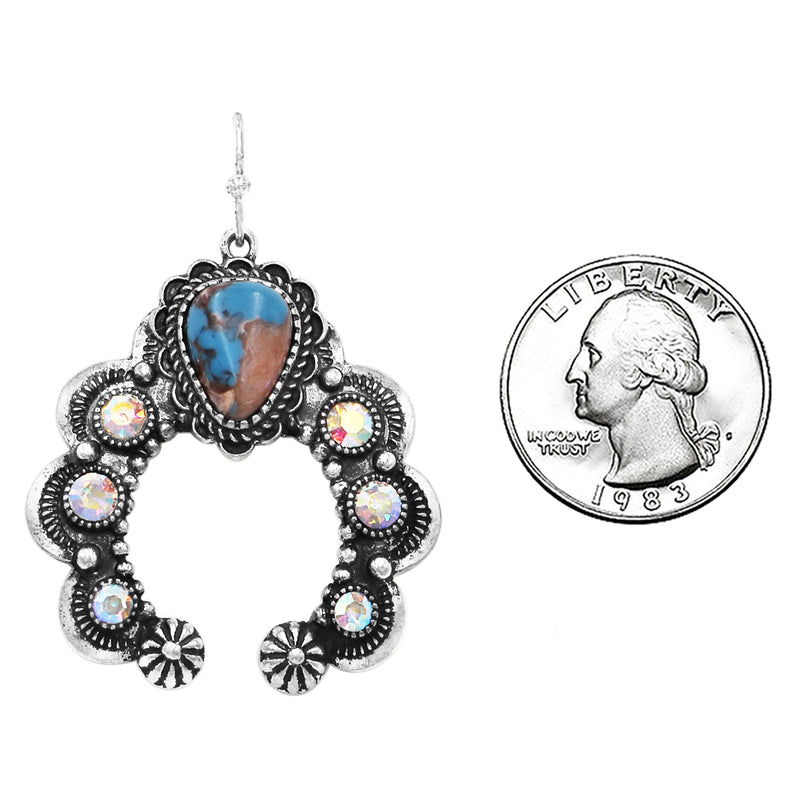 Women's Cowgirl Chic AB Crystal Rhinestones And Turquoise Blue Howlite Stone Squash Blossom Western Jewelry Pieces (Dangle Earrings, 1.75")