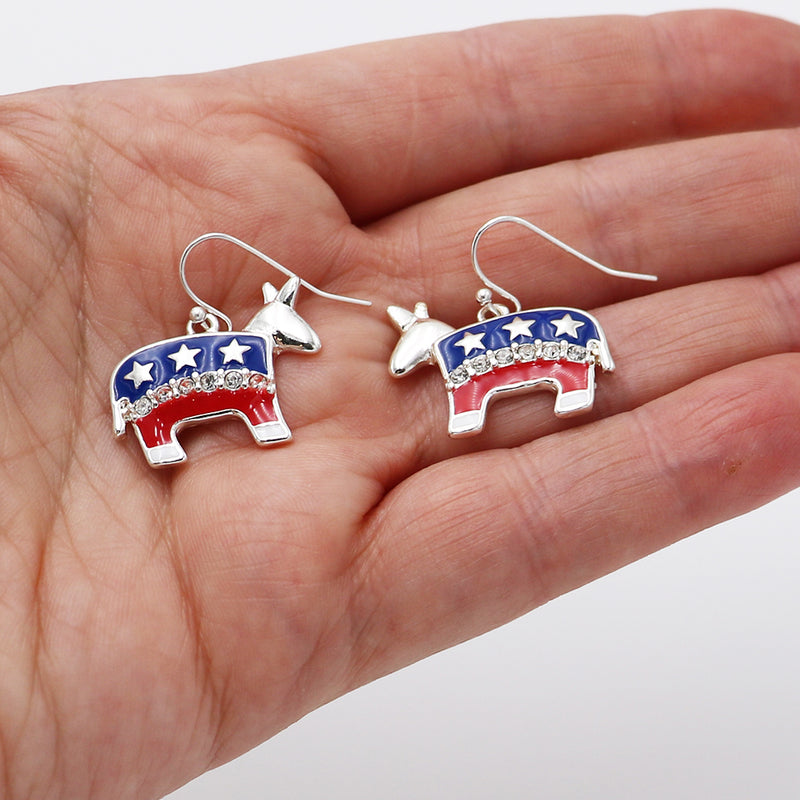 Patriotic USA Political Party American Red White And Blue Flag Dangle Earrings (2 Donkey Democrat, 1.2")