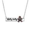 Whimsical Christmas Holiday Bar Pendant Charm Necklace, 16"+3" Extender (Holly Jolly Gingerbread Man Silver Tone)