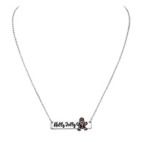 Whimsical Christmas Holiday Bar Pendant Charm Necklace, 16"+3" Extender (Holly Jolly Gingerbread Man Silver Tone)