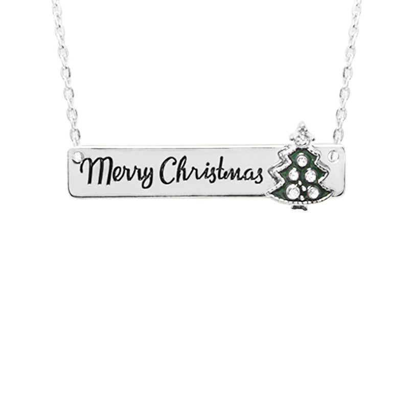 Whimsical Christmas Holiday Bar Pendant Charm Necklace, 16"+3" Extender (Merry Christmas Tree Silver Tone)