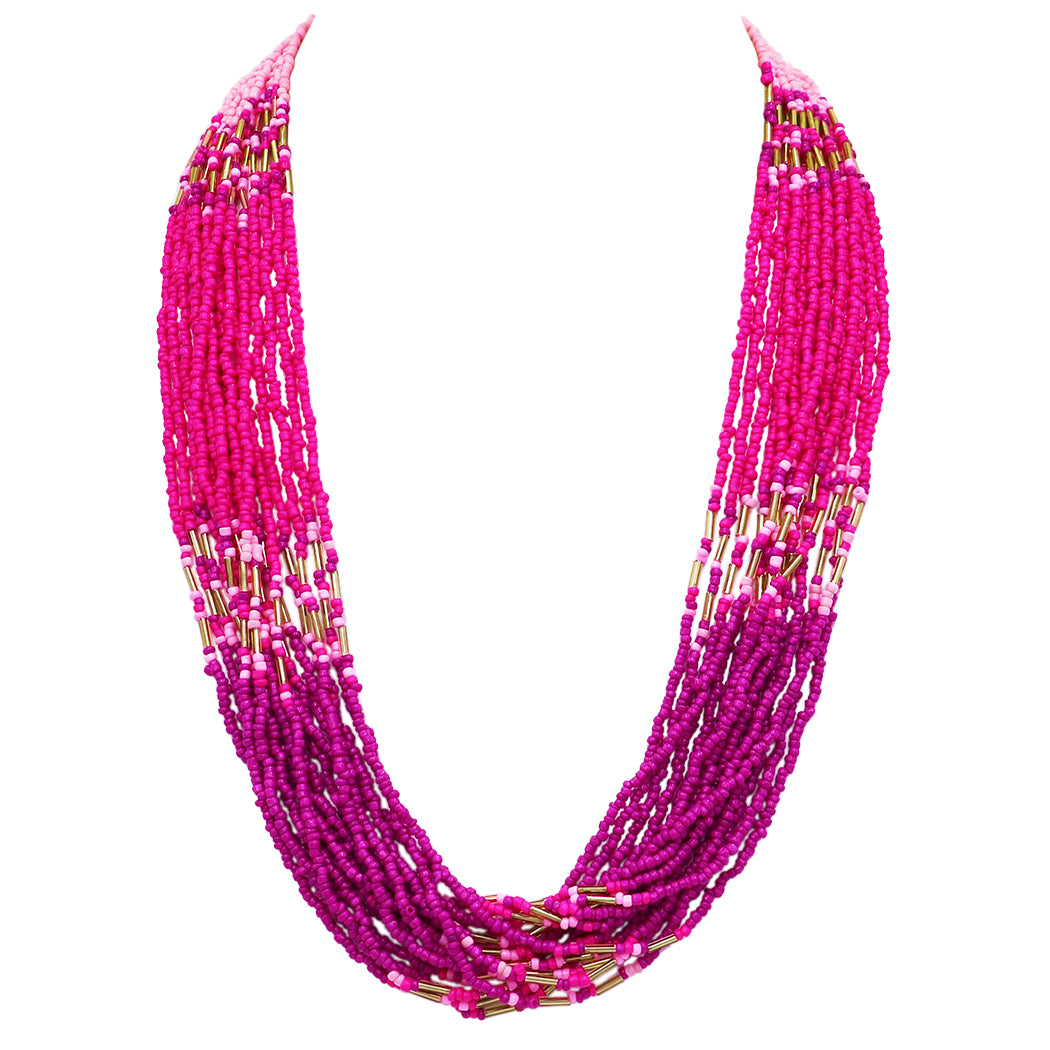 Vibrant Pink Ombre Seed Bead Statement Bohemian Multi-Strand Gold Tone  Necklace, 24