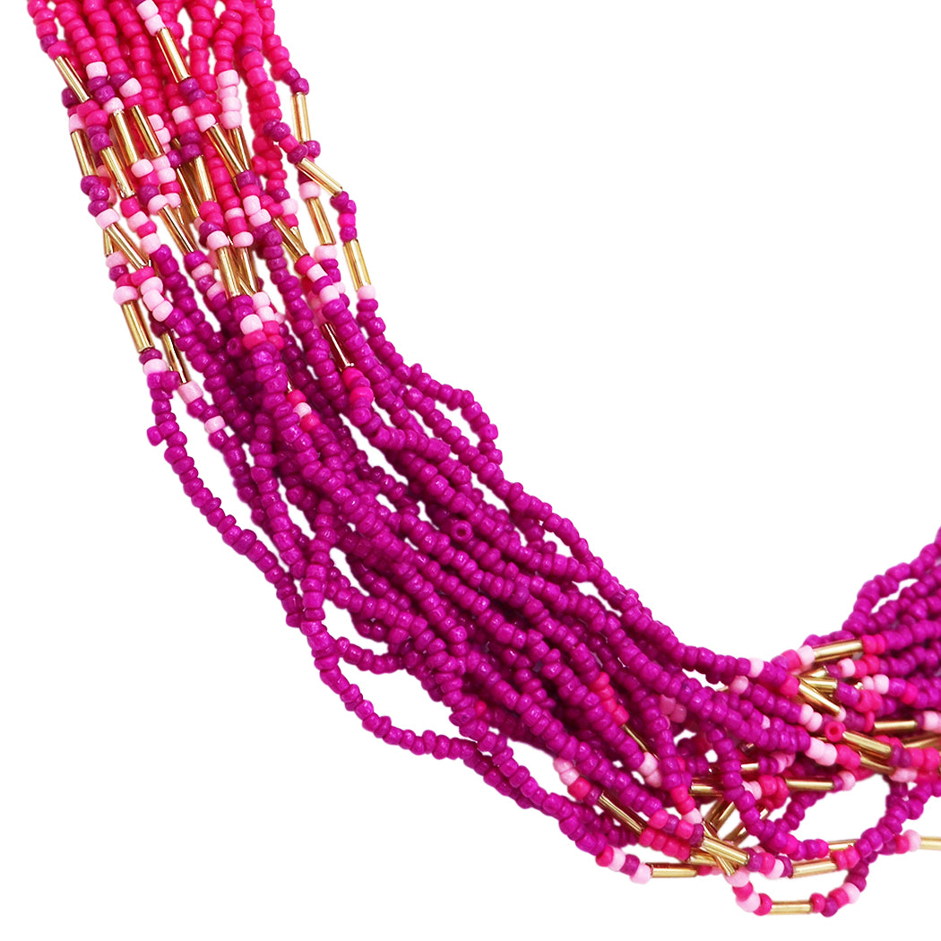 Vibrant Pink Ombre Seed Bead Statement Bohemian Multi-Strand Gold