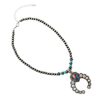 Women's Cowgirl Chic AB Crystal Rhinestones And Turquoise Blue Howlite Stone Squash Blossom Western Pieces (Pendant On Navajo Pearl Strand Necklace,18"+3" Extension)