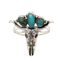 Western Style Steer Head With Semi Precious Turquoise Howlite Stone Adjustable Statement Cocktail Ring