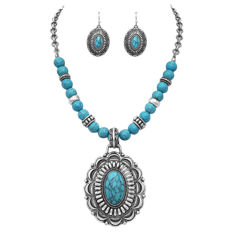 Rosemarie & Jubalee Women's Cowgirl Chic Western Style Statement Turquoise Howlite Bead and Stone Concho Pendant Necklace Earrings Set, 18"-21" with 3" Extender