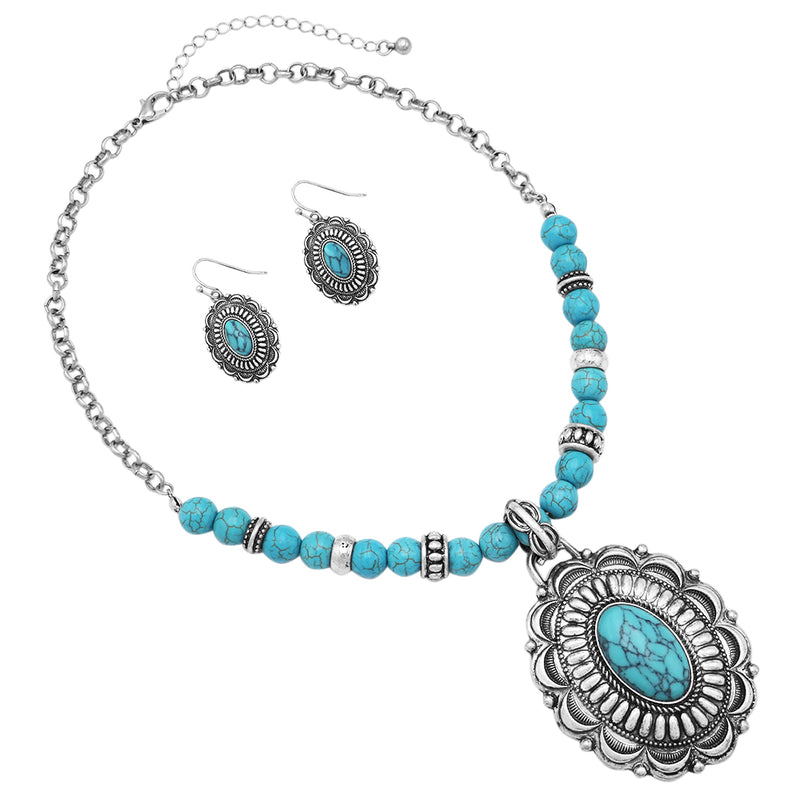 Rosemarie & Jubalee Women's Cowgirl Chic Western Style Statement Turquoise Howlite Bead and Stone Concho Pendant Necklace Earrings Set, 18"-21" with 3" Extender