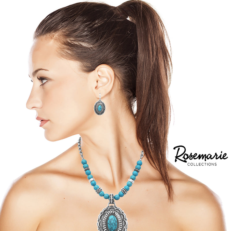 Rosemarie & Jubalee Women's Cowgirl Chic Western Style Statement Turquoise Howlite Bead and Stone Concho Pendant Necklace Earrings Set, 18"-21" with 3" Extender