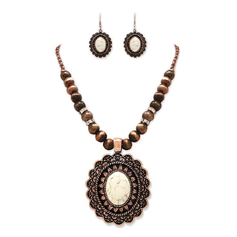 Women's Cowgirl Chic Western Style Statement Concho Howlite Stone Pendant Necklace Earrings Set, 18"-21" with 3" Extender (Natural White Howlite Copper Tone)