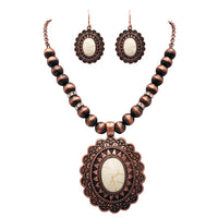 Women's Cowgirl Chic Western Style Statement Concho Howlite Stone Pendant Necklace Earrings Set, 18"-21" with 3" Extender (Natural White Howlite Copper Tone)