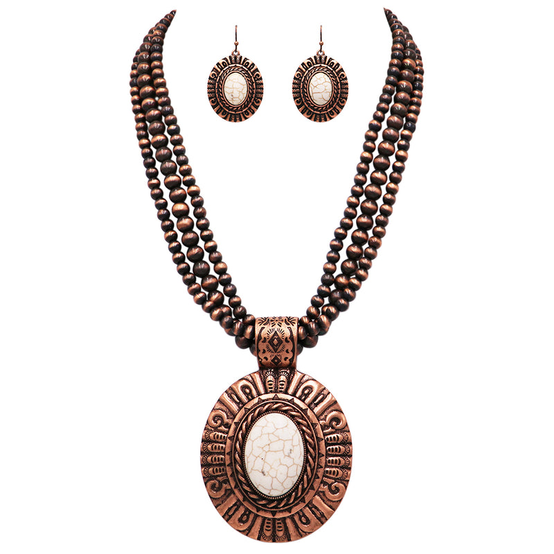 Cowgirl Chic Western Style Statement Concho Howlite Stone Medallion Pendant Beaded Necklace Earrings Set, 20"-23" with 3" Extender